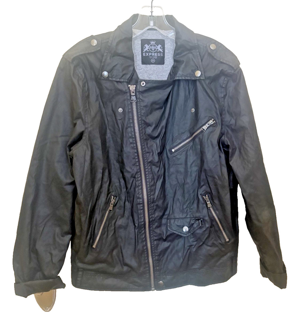 Express Men’s Black Leather Moto Biker Jacket Medium M Zip Front Asymmetrical